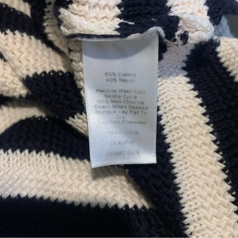 Talbots Navy Ivory Striped V-Neck Cotton Blend Sweater Hood Pull-Over Size MP‎